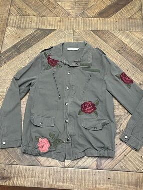 Vintage Lela Sky Embroidered Rose Utility Jacket Size Small